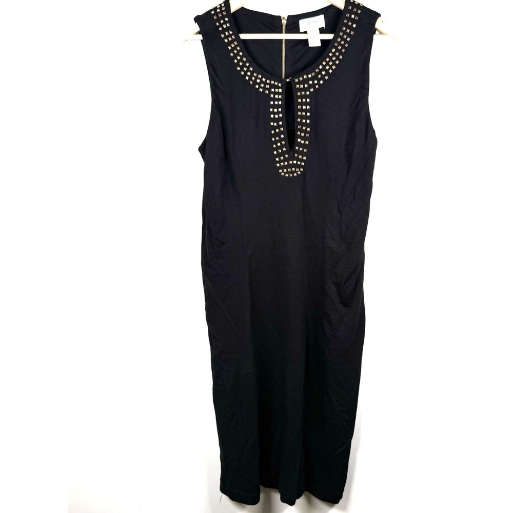 Carmen Carmen Marc Valvo Black Studded Maxi Dress L Gold Quiet Luxury Goth Glam
